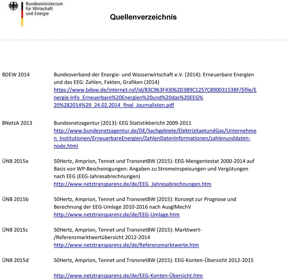 pdf BNetzA 2013 ÜNB 2015a ÜNB 2015b ÜNB 2015c Bundesnetzagentur (2013): EEG Statistikbericht 2009-2011 http://www.bundesnetzagentur.