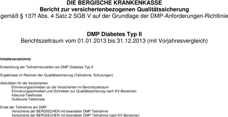 2013 (mit Vorjahresvergleich) Inhaltsverzeichnis Entwicklung der Teilnehmerzahlen am DMP Diabetes Typ II Ergebnisse im Rahmen der Qualitätssicherung (Teilnahme, Schulungen) Aktivitäten für
