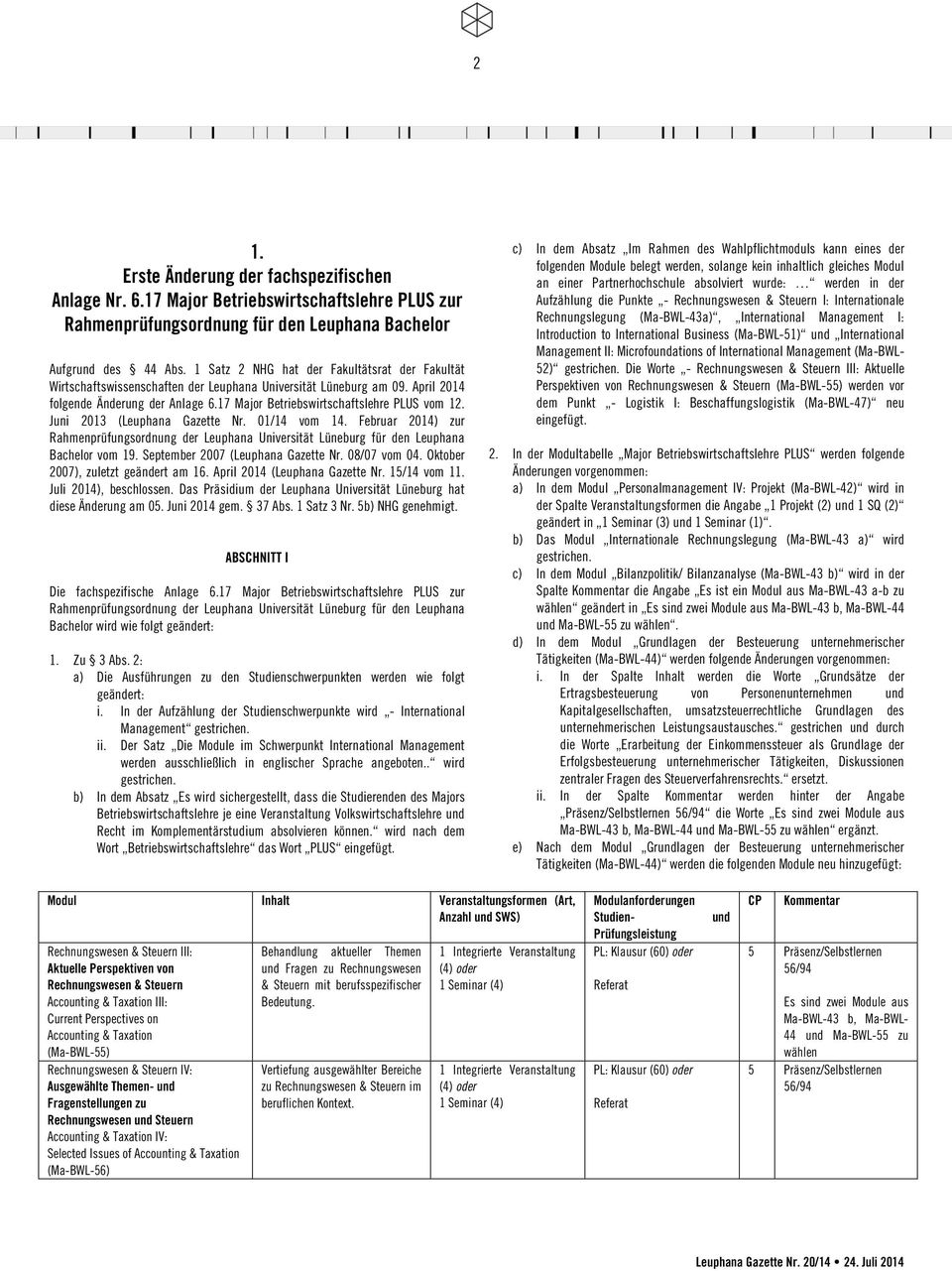 17 Major Betriebswirtschaftslehre PLUS vom 12. Juni 2013 (Leuphana Gazette Nr. 01/14 vom 14. Februar 2014) zur Rahmenprüfungsordnung der Leuphana Universität Lüneburg für den Leuphana Bachelor vom 19.