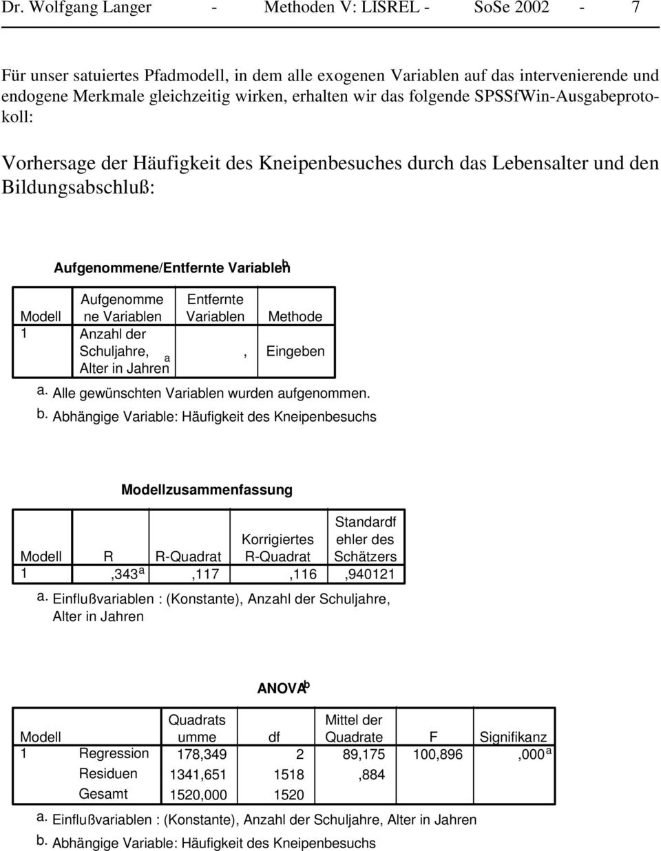 Variablen Variablen Methode Anzahl der Schuljahre, Alter in Jahren a, Eingeben a. Alle gewünschten Variablen wurden aufgenommen. b.