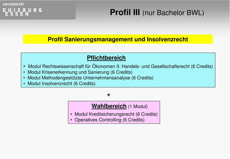 und Sanierung (6 Credits) Modul Methodengestützte Unternehmensanalyse (6 Credits) Modul Insolvenzrecht