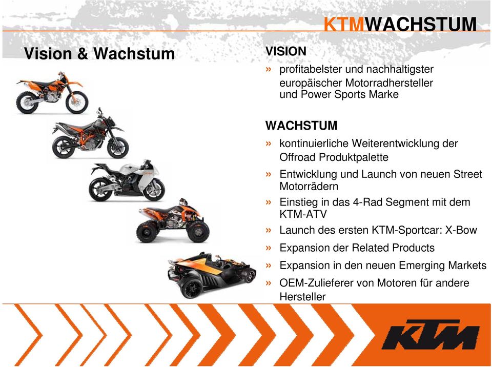 neuen Street Motorrädern» Einstieg in das 4-Rad Segment mit dem KTM-ATV» Launch des ersten KTM-Sportcar: X-Bow»