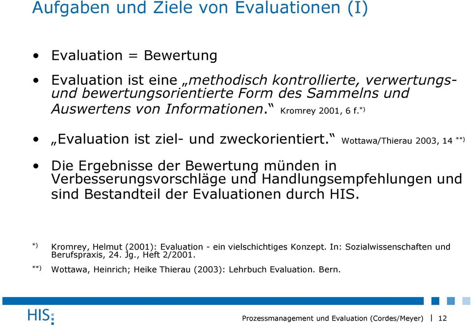 Wottawa/Thierau 2003, 14 **) Die Ergebnisse der Bewertung münden in Verbesserungsvorschläge und Handlungsempfehlungen und sind Bestandteil der Evaluationen