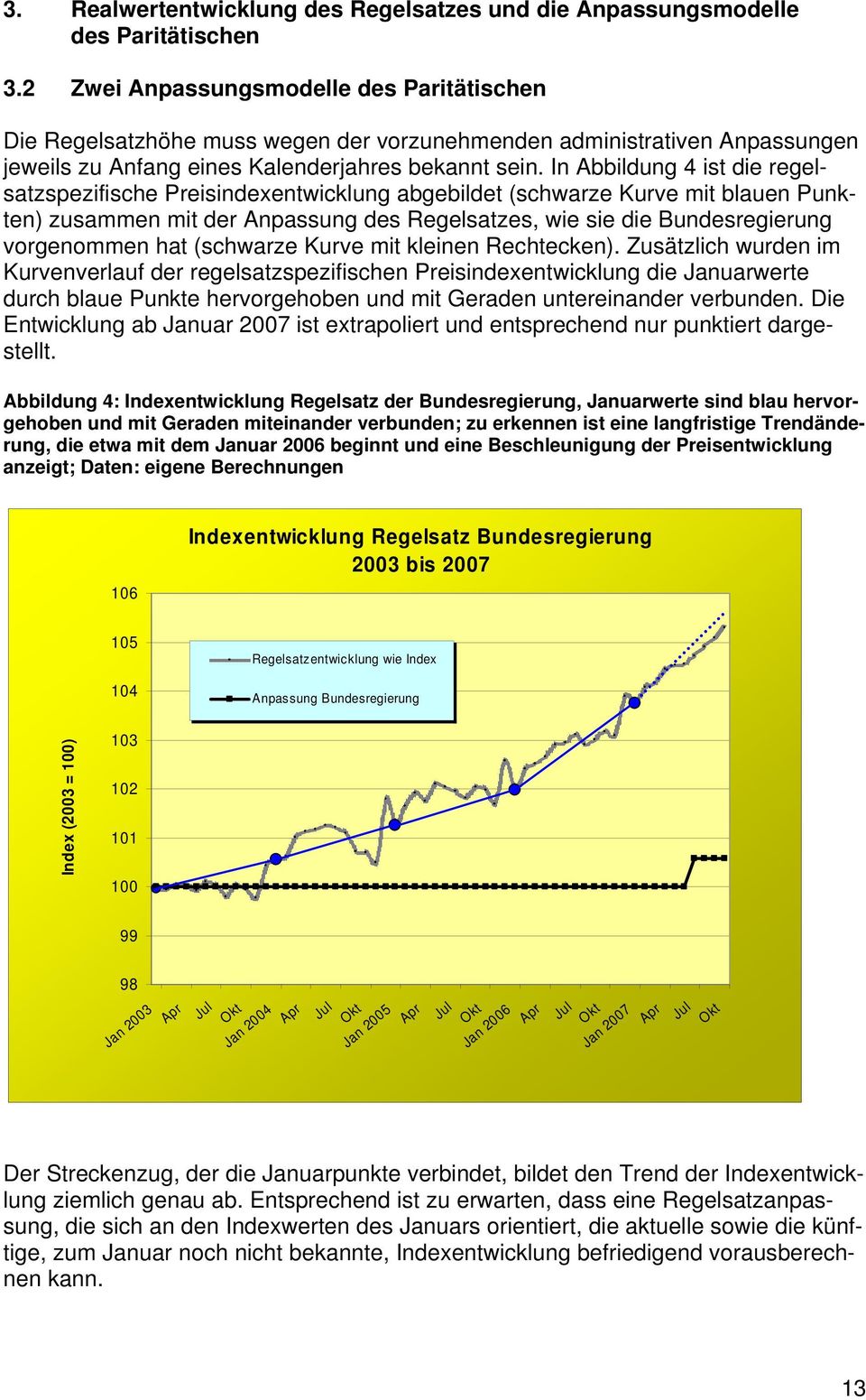 In Abbildung 4 ist die regelsatzspezifische Preisindexentwicklung abgebildet (schwarze Kurve mit blauen Punkten) zusammen mit der Anpassung des Regelsatzes, wie sie die Bundesregierung vorgenommen