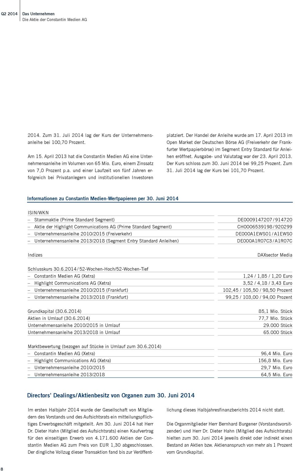 Der Handel der Anleihe wurde am 17. April 213 im Open Market der Deutschen Börse AG (Freiverkehr der Frankfurter Wertpapierbörse) im Segment Entry Standard für Anleihen eröffnet.