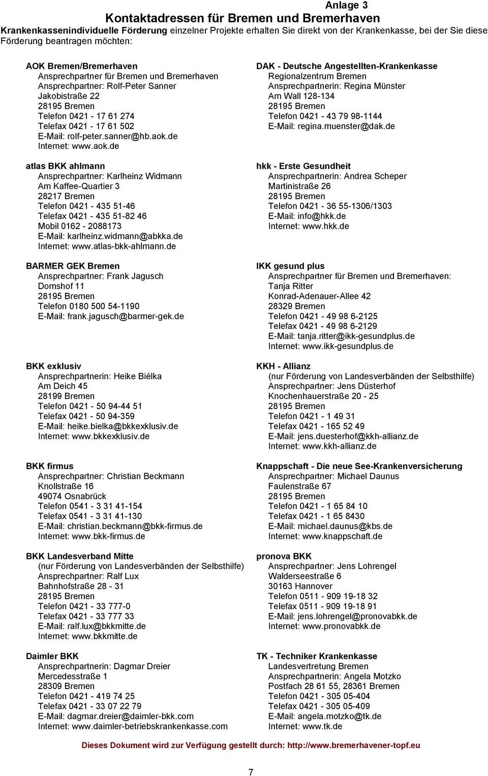de Internet: www.aok.de atlas BKK ahlmann Ansprechpartner: Karlheinz Widmann Am Kaffee-Quartier 3 28217 Bremen Telefon 0421-435 51-46 Telefax 0421-435 51-82 46 Mobil 0162-2088173 E-Mail: karlheinz.
