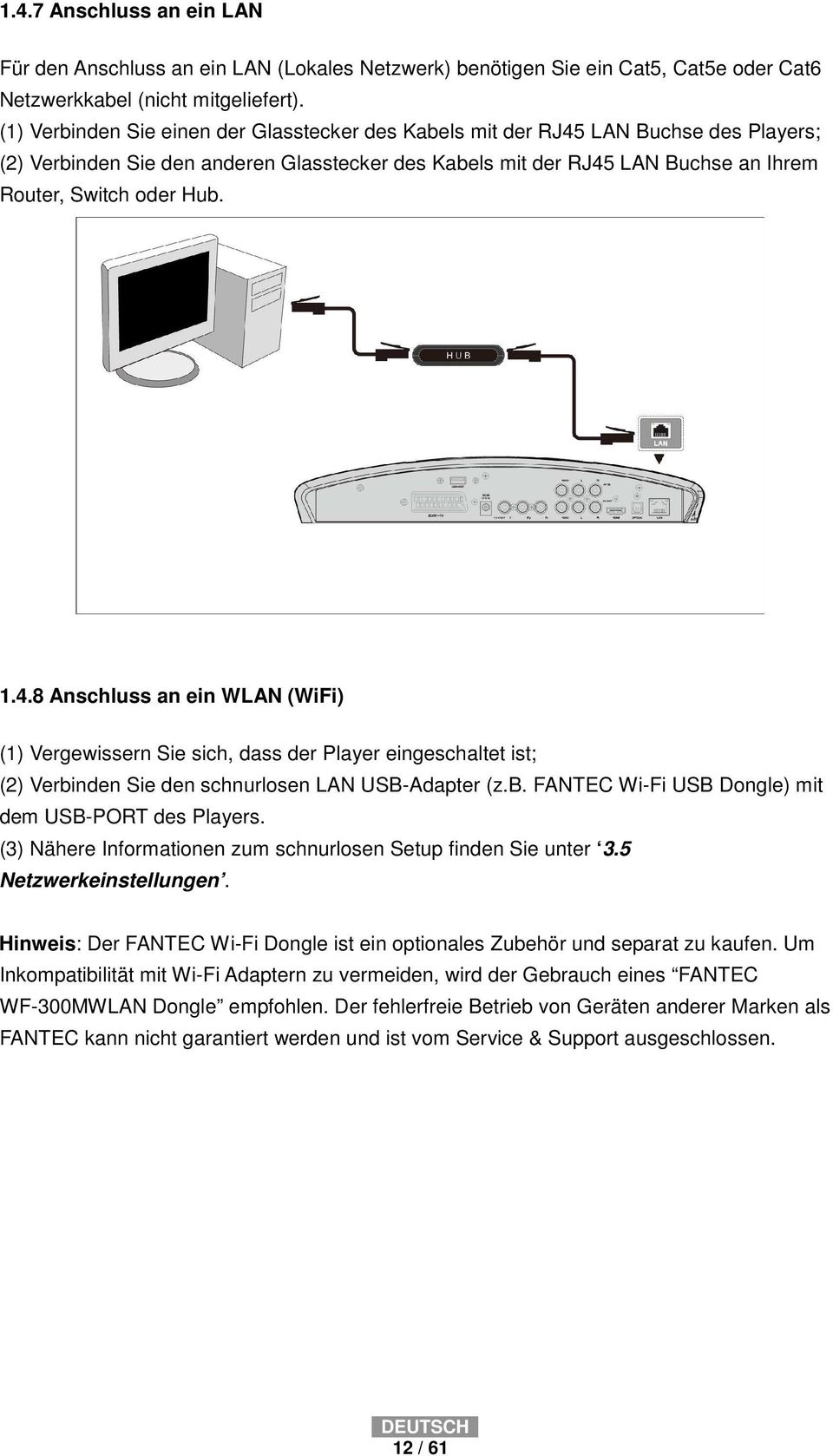 1.4.8 Anschluss an ein WLAN (WiFi) (1) Vergewissern Sie sich, dass der Player eingeschaltet ist; (2) Verbinden Sie den schnurlosen LAN USB-Adapter (z.b. FANTEC Wi-Fi USB Dongle) mit dem USB-PORT des Players.