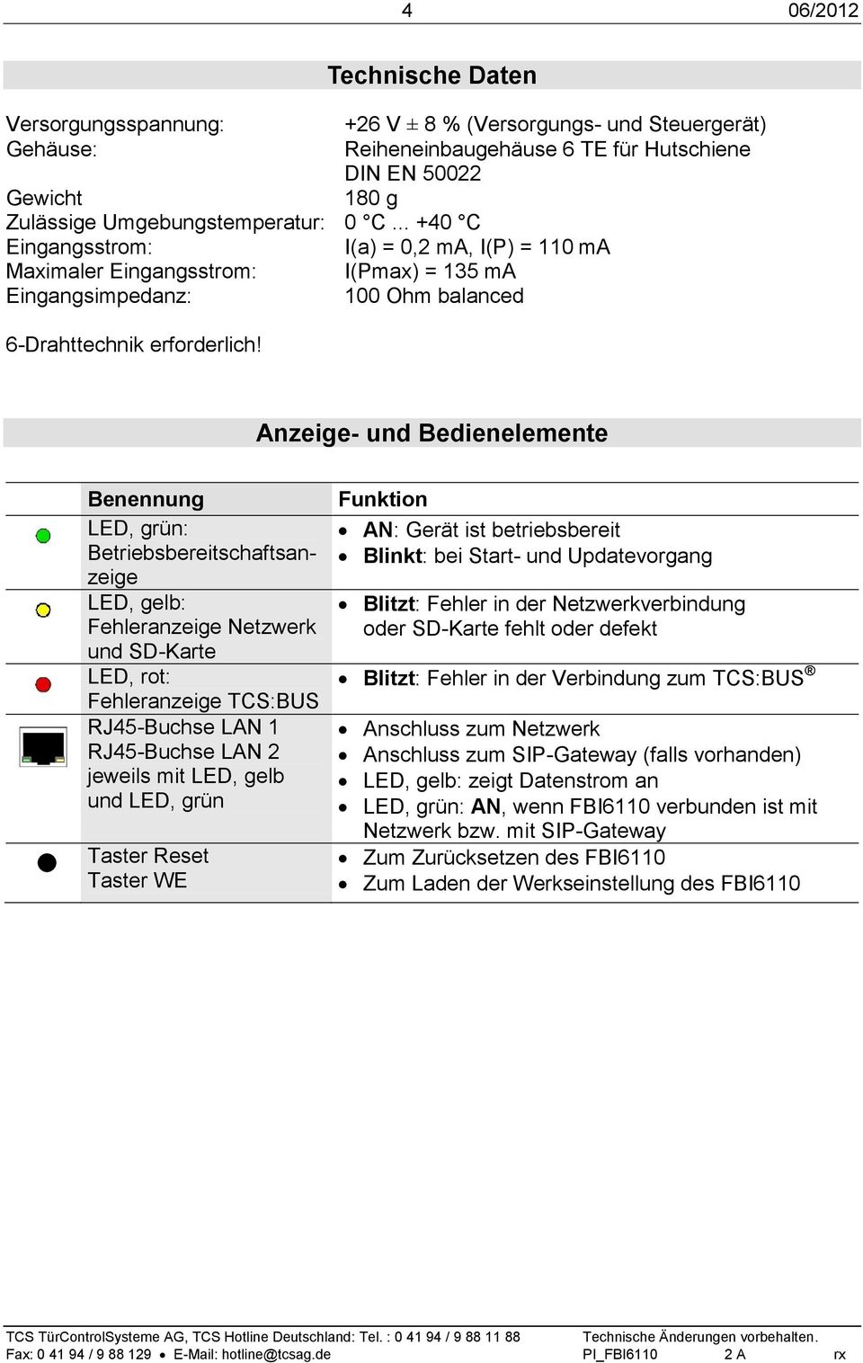 Anzeige- und Bedienelemente Benennung LED, grün: Betriebsbereitschaftsanzeige LED, gelb: Fehleranzeige Netzwerk und SD-Karte LED, rot: Fehleranzeige TCS:BUS RJ45-Buchse LAN 1 RJ45-Buchse LAN 2