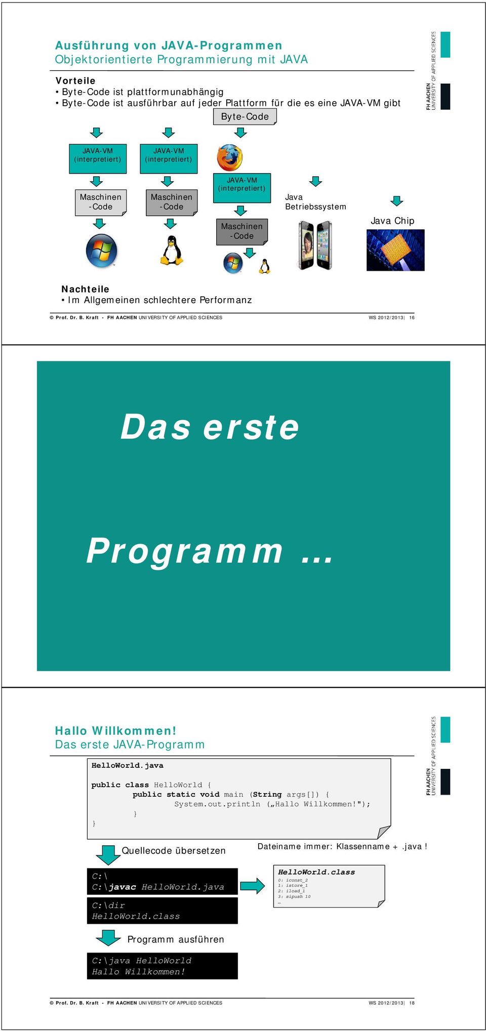 java public class HelloWorld { public static void main (String args[]) { System.out.println ( Hallo Willkommen!"); } } Quellecode übersetzen Dateiname immer: Klassenname +.java! C:\ C:\javac HelloWorld.