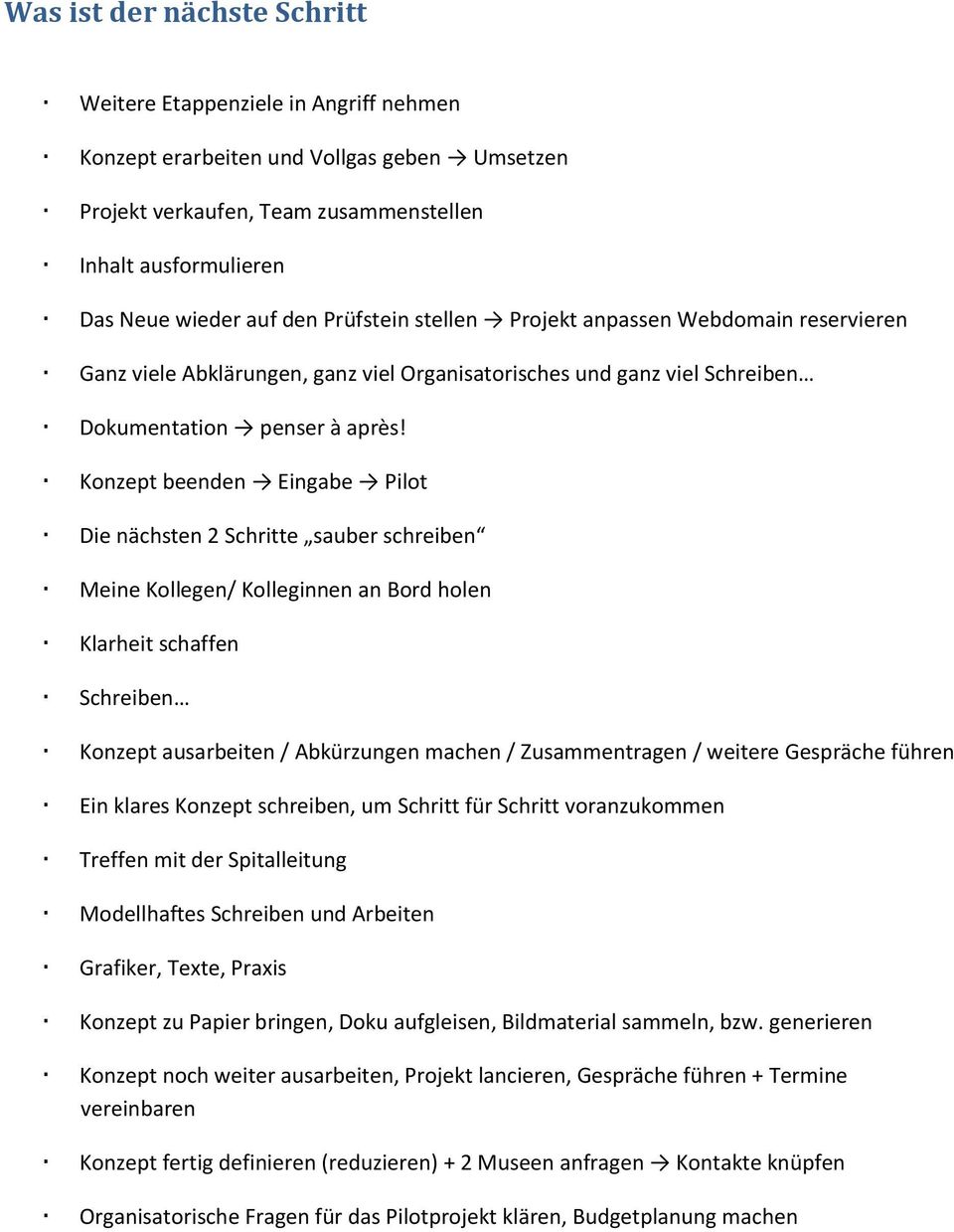 Konzept beenden Eingabe Pilot Die nächsten 2 Schritte sauber schreiben Meine Kollegen/ Kolleginnen an Bord holen Klarheit schaffen Schreiben Konzept ausarbeiten / Abkürzungen machen / Zusammentragen