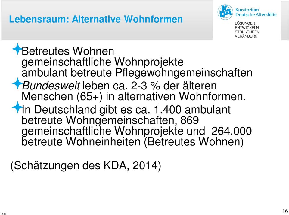 2-3 % der älteren Menschen (65+) in alternativen Wohnformen. In Deutschland gibt es ca. 1.
