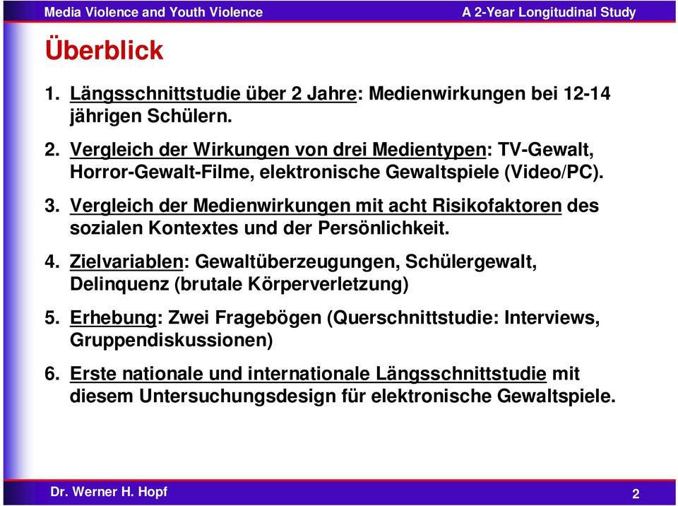 Vergleich der Wirkungen von drei Medientypen: TV-Gewalt, Horror-Gewalt-Filme, elektronische Gewaltspiele (Video/PC). 3.