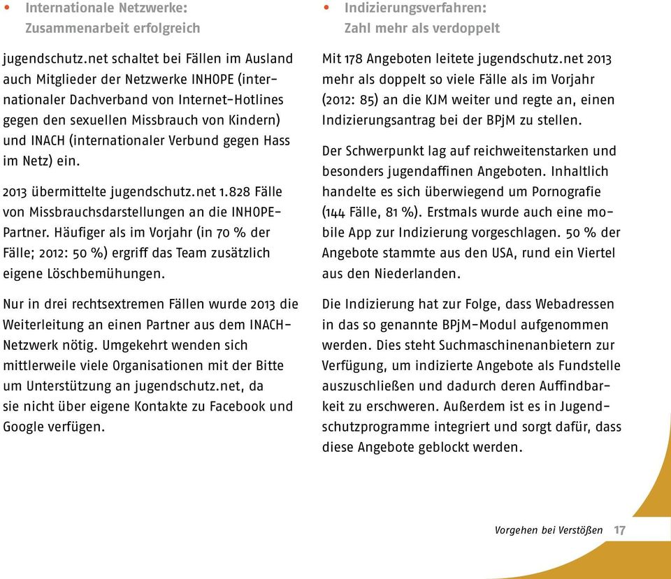 Verbund gegen Hass im Netz) ein. 2013 übermittelte jugendschutz.net 1.828 Fälle von Missbrauchsdarstellungen an die INHOPE- Partner.