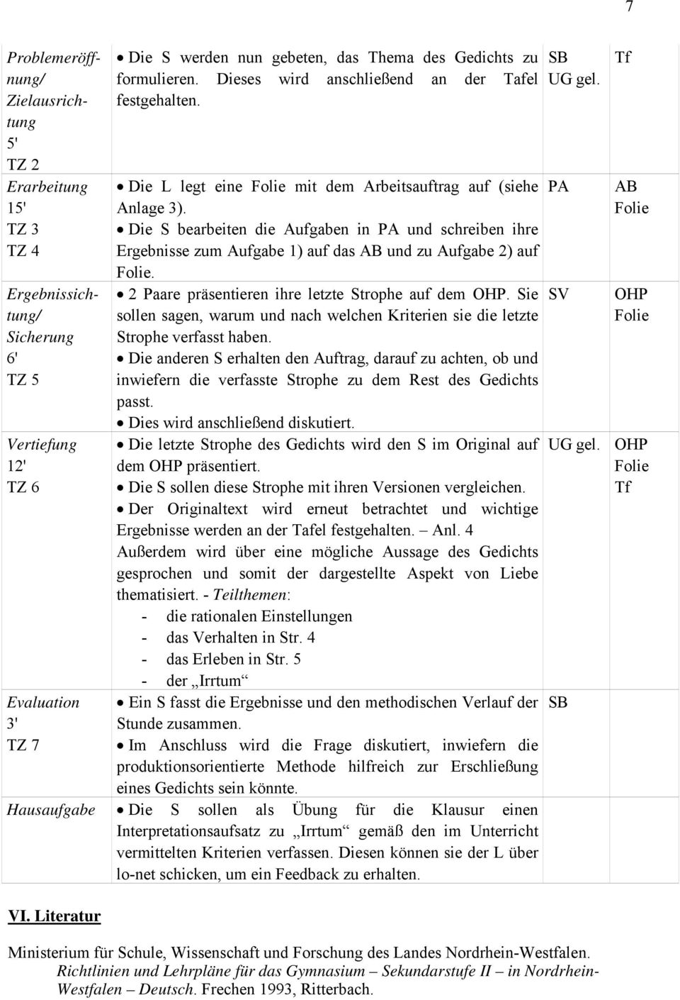 Die S bearbeiten die Aufgaben in PA und schreiben ihre Ergebnisse zum Aufgabe 1) auf das AB und zu Aufgabe 2) auf Folie. 2 Paare präsentieren ihre letzte Strophe auf dem OHP.