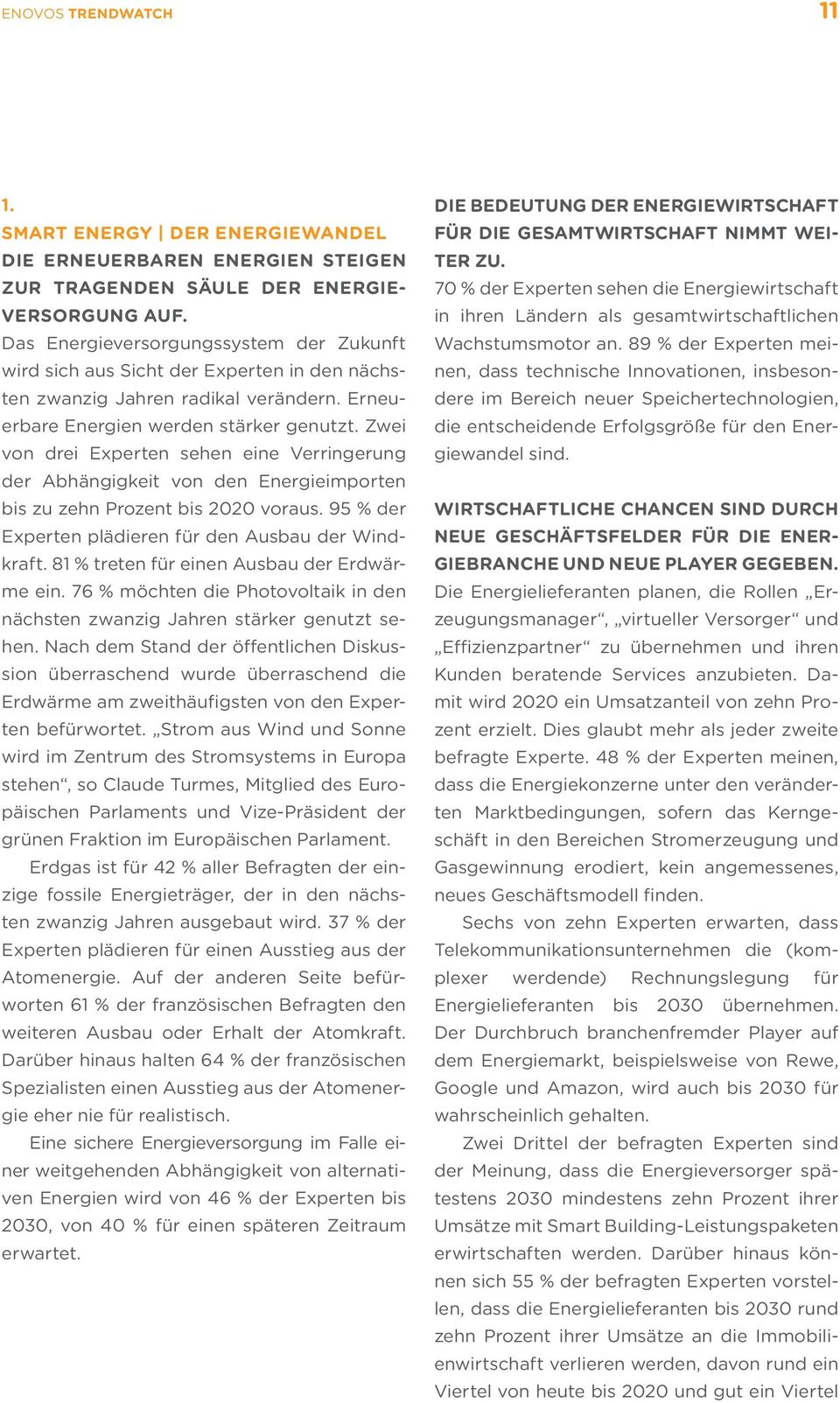 Zwei von drei Experten sehen eine Verringerung der Abhängigkeit von den Energieimporten bis zu zehn Prozent bis 2020 voraus. 95 % der Experten plädieren für den Ausbau der Windkraft.