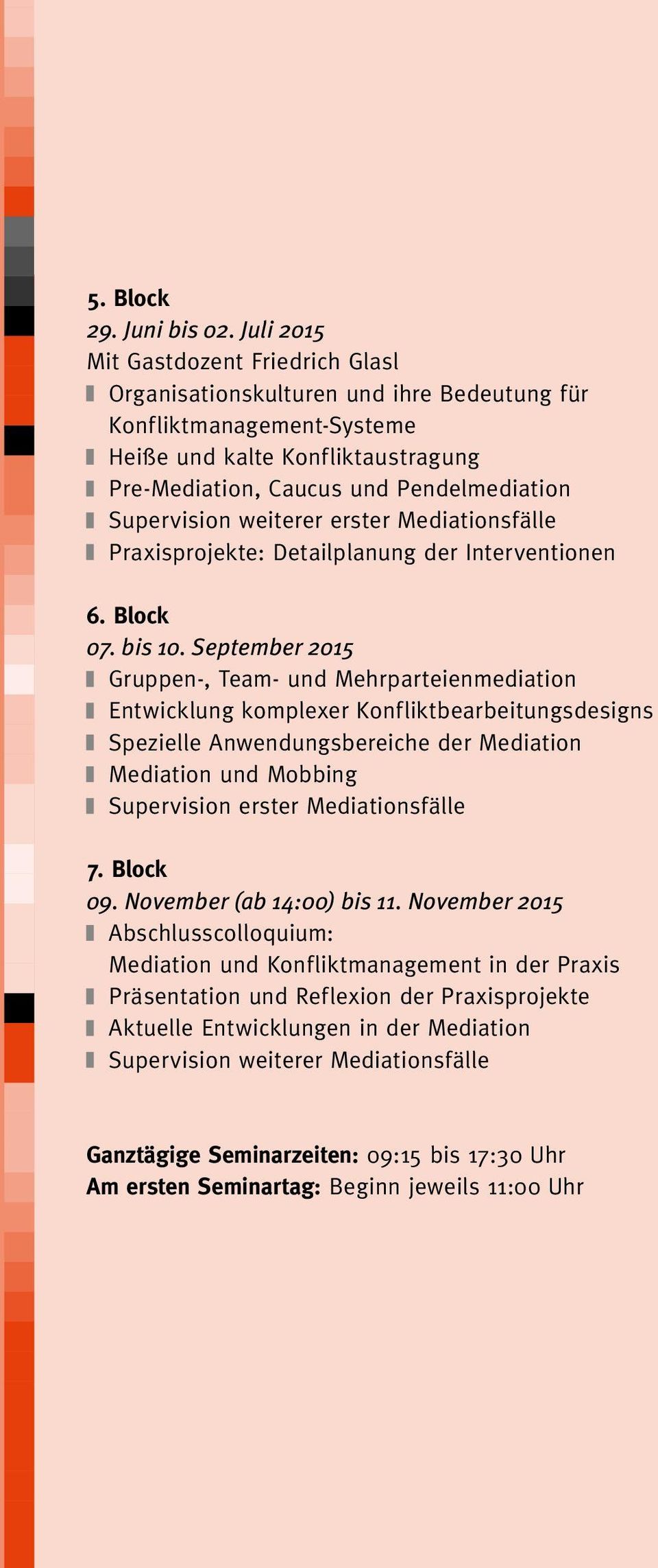Supervision weiterer erster Mediationsfälle Praxisprojekte: Detailplanung der Interventionen 6. Block 07. bis 10.