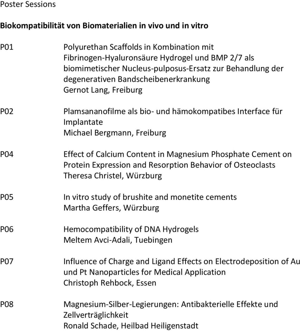 Bergmann, Freiburg Effect of Calcium Content in Magnesium Phosphate Cement on Protein Expression and Resorption Behavior of Osteoclasts Theresa Christel, Würzburg In vitro study of brushite and