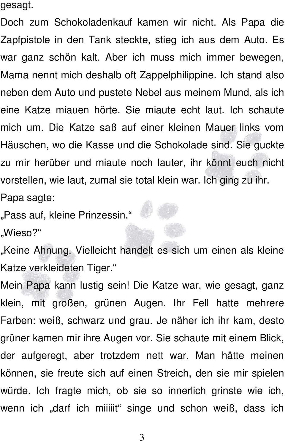 Ich schaute mich um. Die Katze saß auf einer kleinen Mauer links vom Häuschen, wo die Kasse und die Schokolade sind.