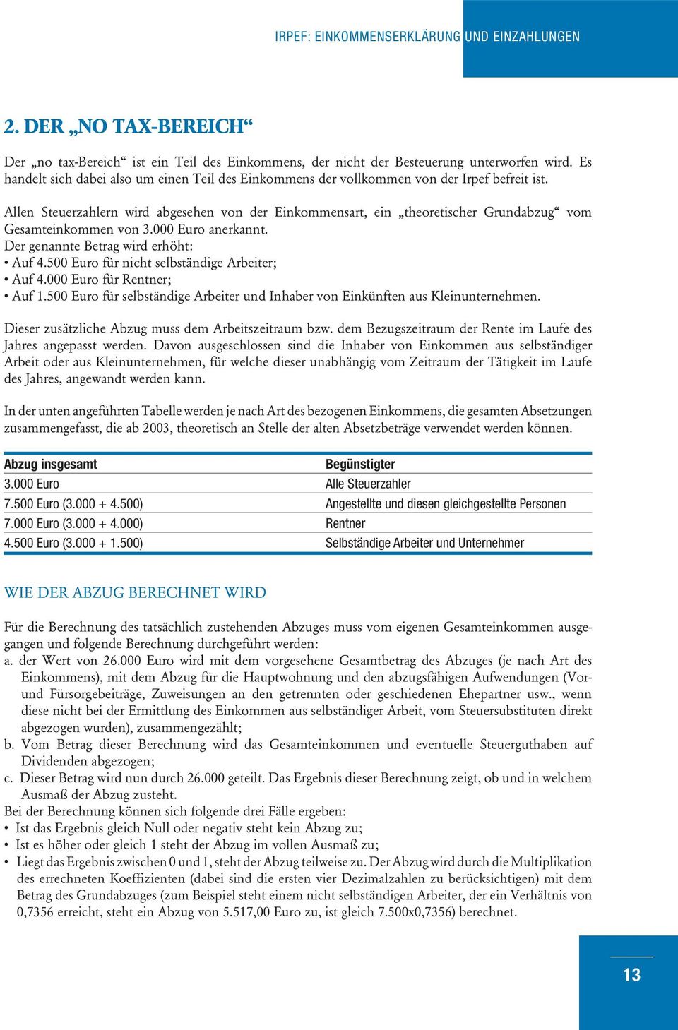 Allen Steuerzahlern wird abgesehen von der Einkommensart, ein theoretischer Grundabzug vom Gesamteinkommen von 3.000 Euro anerkannt. Der genannte Betrag wird erhöht: Auf 4.