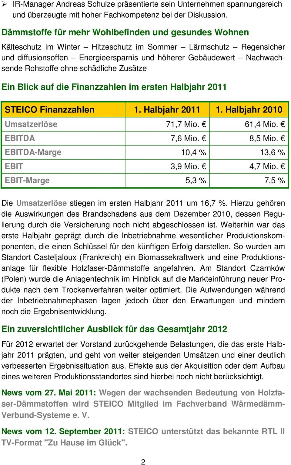 Rohstoffe ohne schädliche Zusätze Ein Blick auf die Finanzzahlen im ersten Halbjahr 2011 STEICO Finanzzahlen 1. Halbjahr 2011 1. Halbjahr 2010 Umsatzerlöse 71,7 Mio. 61,4 Mio. EBITDA 7,6 Mio. 8,5 Mio.