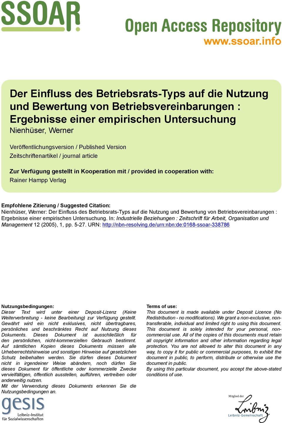 Version Zeitschriftenartikel / journal article Zur Verfügung gestellt in Kooperation mit / provided in cooperation with: Rainer Hampp Verlag Empfohlene Zitierung / Suggested Citation: Nienhüser,