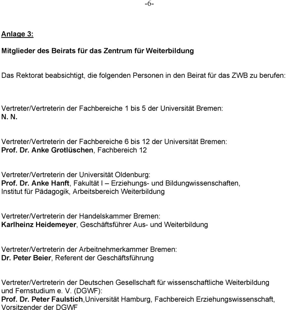 Anke Grotlüschen, Fachbereich 12 Vertreter/Vertreterin der Universität Oldenburg: Prof. Dr.