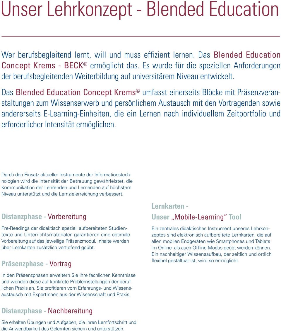 Das Blended Education Concept Krems umfasst einerseits Blöcke mit Präsenzveranstaltungen zum Wissenserwerb und persönlichem Austausch mit den Vortragenden sowie andererseits E-Learning-Einheiten, die