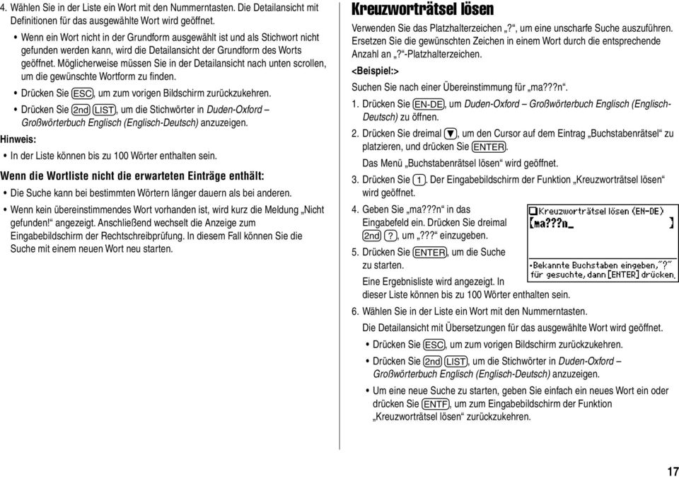 Möglicherweise müssen Sie in der Detailansicht nach unten scrollen, um die gewünschte Wortform zu finden. Drücken Sie f, um zum vorigen Bildschirm zurückzukehren.