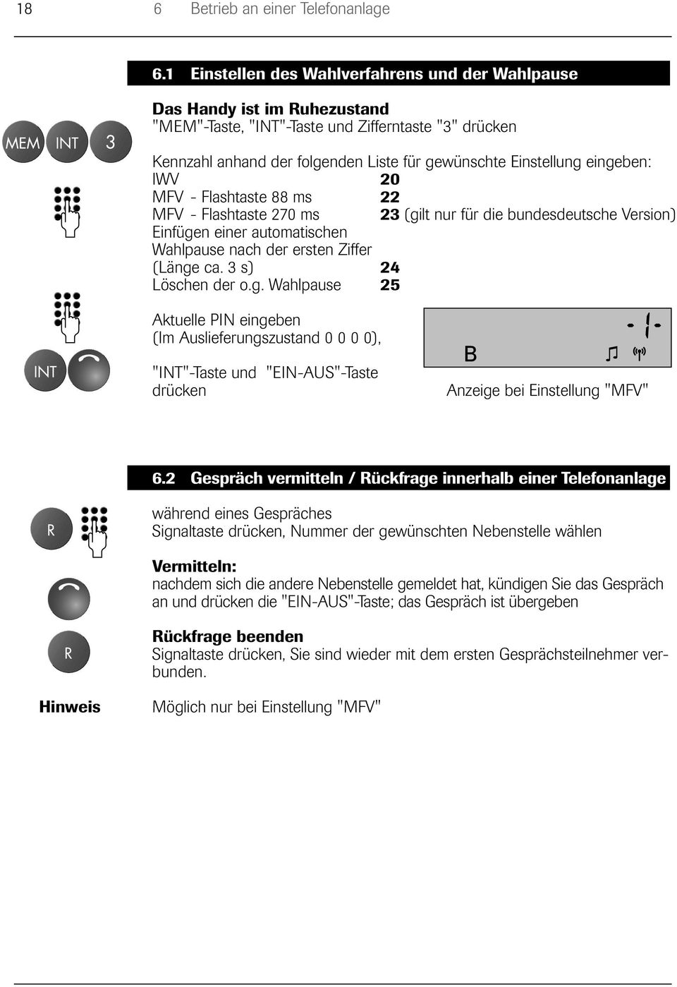 eingeben: IWV 20 MFV - Flashtaste 88 ms 22 MFV - Flashtaste 270 ms 23 (gilt nur für die bundesdeutsche Version) Einfügen einer automatischen Wahlpause nach der ersten Ziffer (Länge ca.