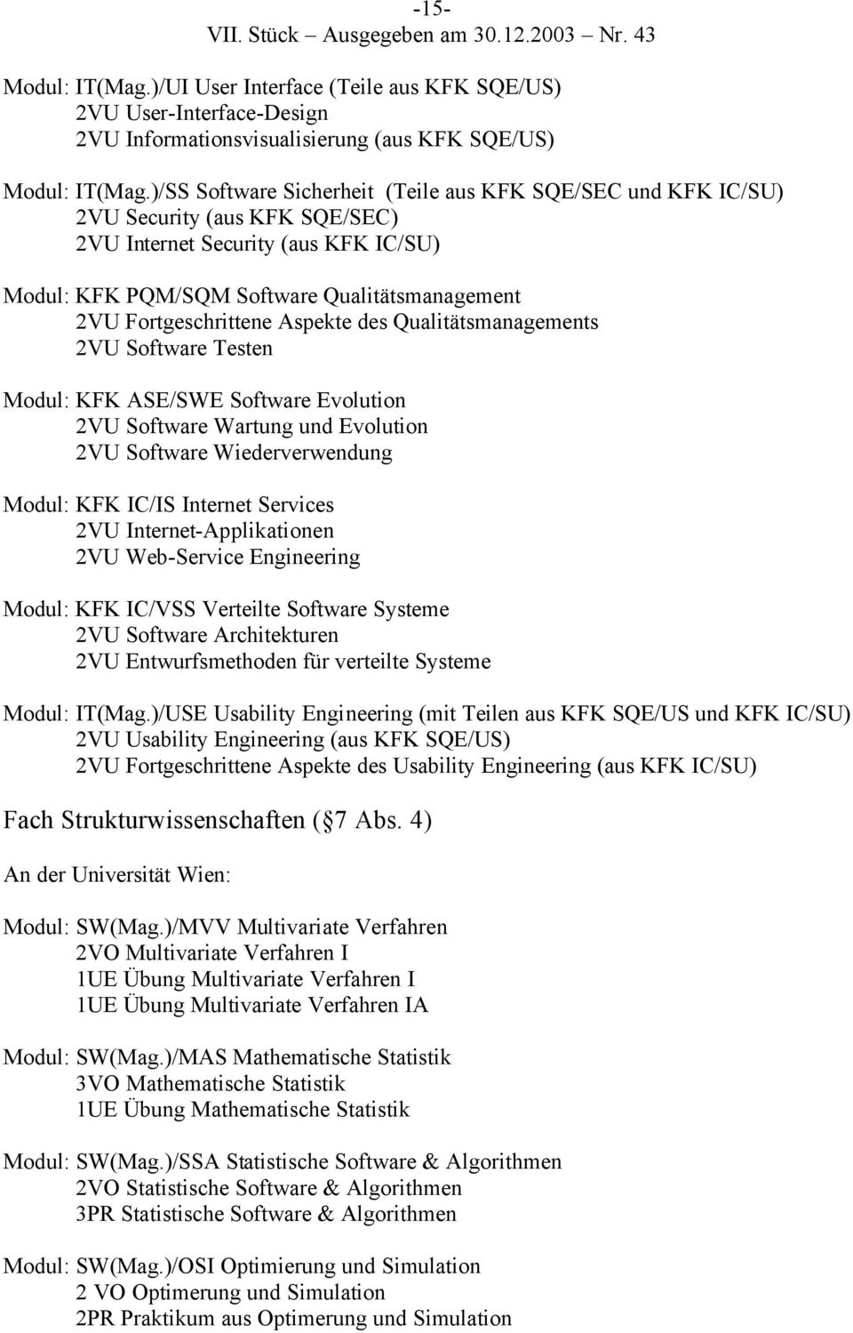 Fortgeschrittene Aspekte des Qualitätsmanagements 2VU Software Testen Modul: KFK ASE/SWE Software Evolution 2VU Software Wartung und Evolution 2VU Software Wiederverwendung Modul: KFK IC/IS Internet