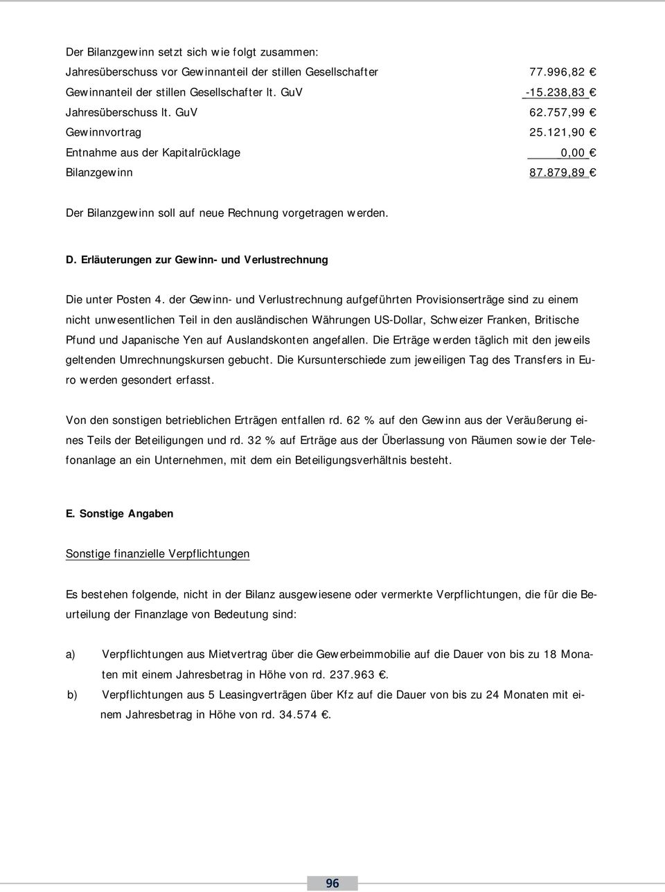 879,89 Der Bilanzgewinn soll auf neue Rechnung vorgetragen werden. D. Erläuterungen zur Gewinn- und Verlustrechnung Die unter Posten 4.