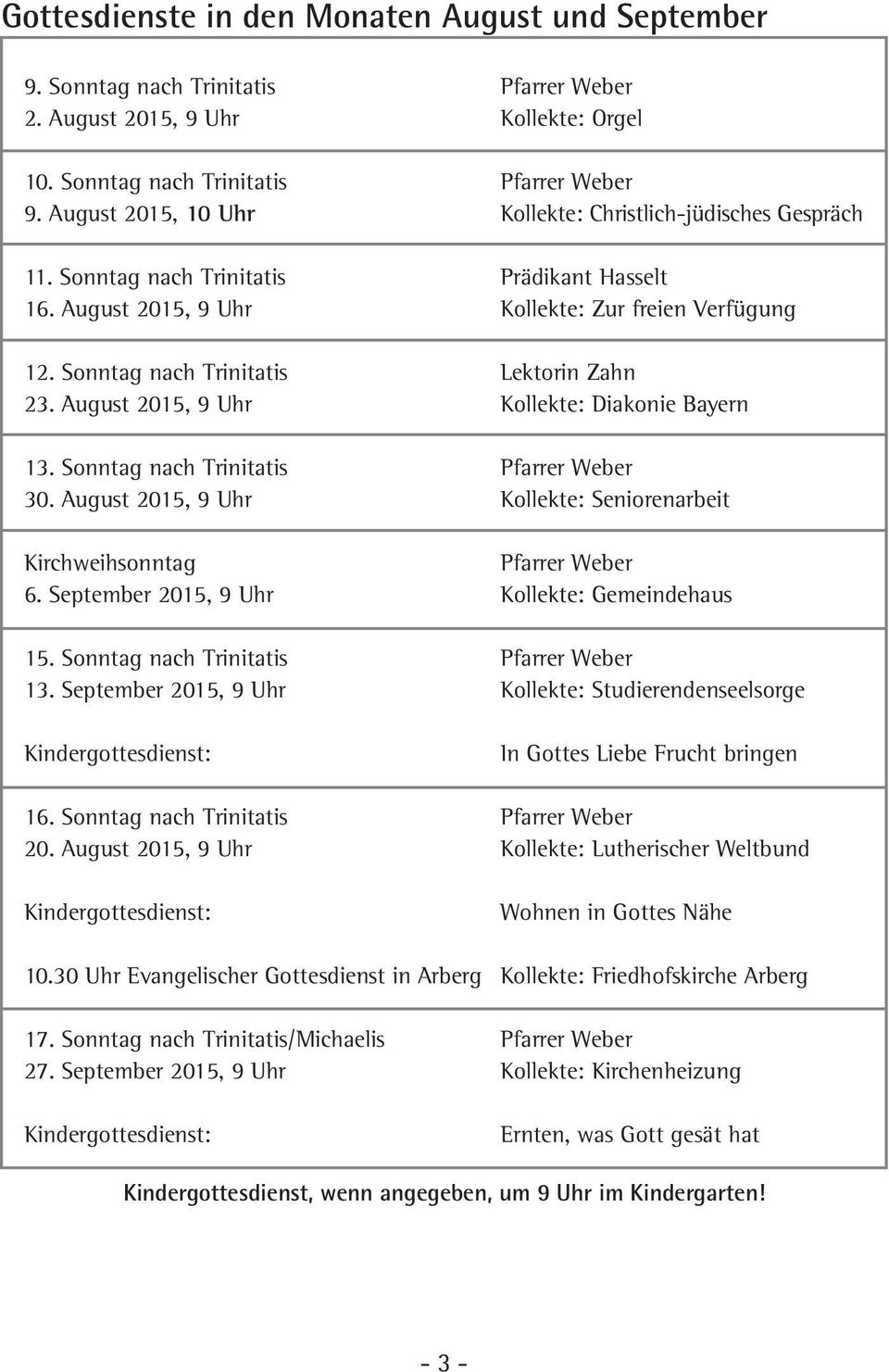Sonntag nach Trinitatis Lektorin Zahn 23. August 2015, 9 Uhr Kollekte: Diakonie Bayern 13. Sonntag nach Trinitatis Pfarrer Weber 30.