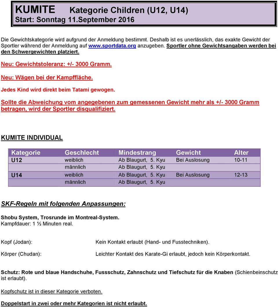 Neu: Gewichtstoleranz: +/- 3000 Gramm. Neu: Wägen bei der Kampffläche. Jedes Kind wird direkt beim Tatami gewogen.