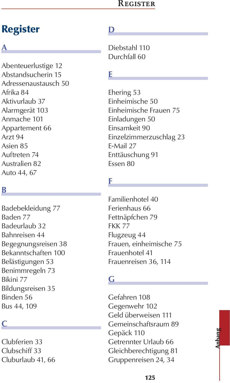 Clubschiff 33 Cluburlaub 41, 66 D Diebstahl 110 Durchfall 60 E Ehering 53 Einheimische 50 Einheimische Frauen 75 Einladungen 50 Einsamkeit 90 Einzelzimmerzuschlag 23 E-Mail 27 Enttäuschung 91 Essen