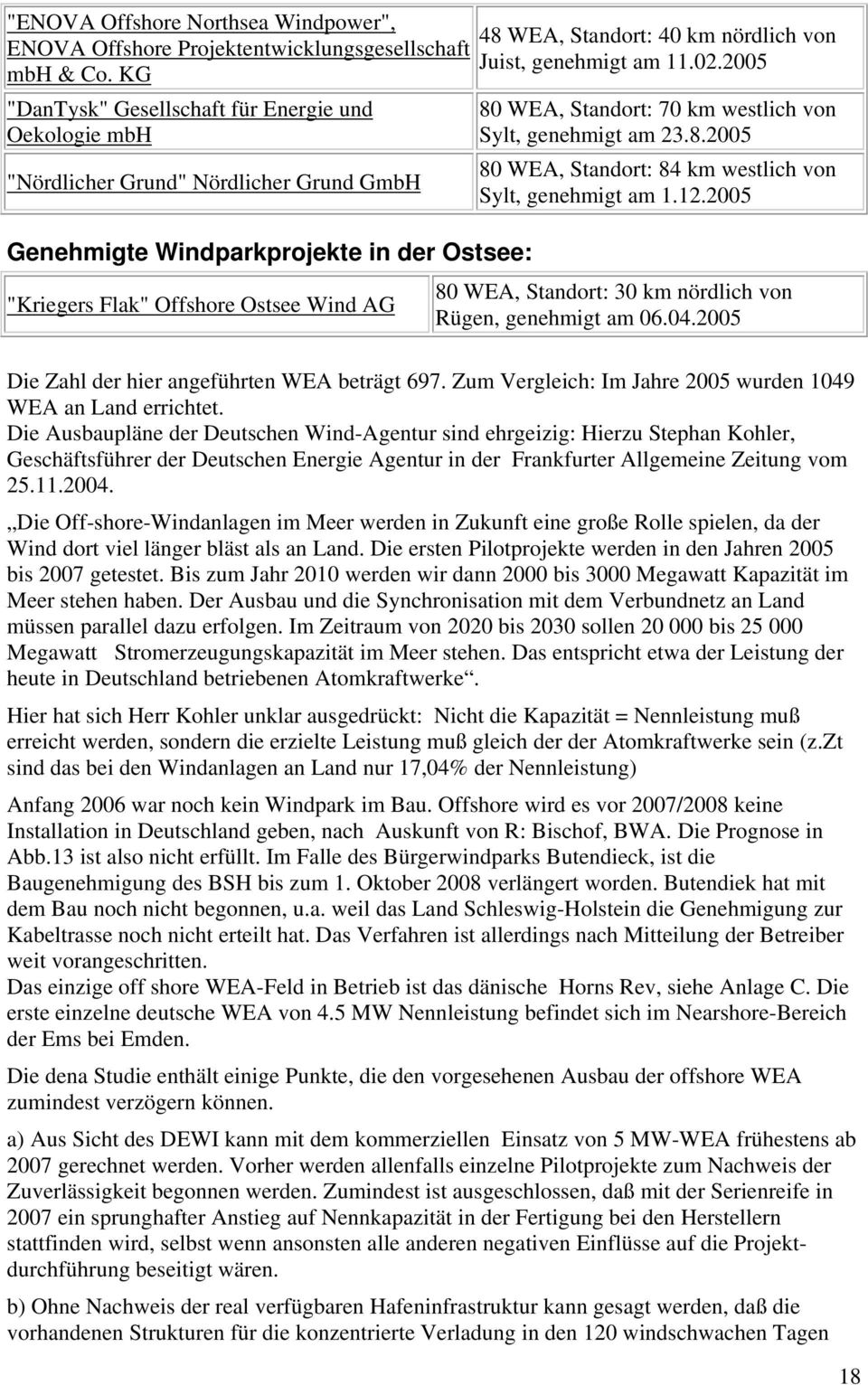 40 km nördlich von Juist, genehmigt am 11.02.2005 80 WEA, Standort: 70 km westlich von Sylt, genehmigt am 23.8.2005 80 WEA, Standort: 84 km westlich von Sylt, genehmigt am 1.12.