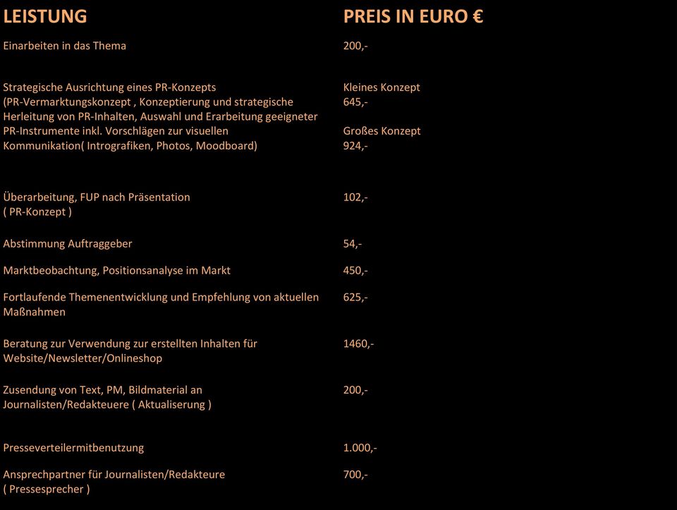 Vorschlägen zur visuellen Kommunikation( Intrografiken, Photos, Moodboard) Kleines Konzept 645,- Überarbeitung, FUP nach Präsentation ( PR-Konzept ) Großes Konzept 924,- 102,- Abstimmung Auftraggeber