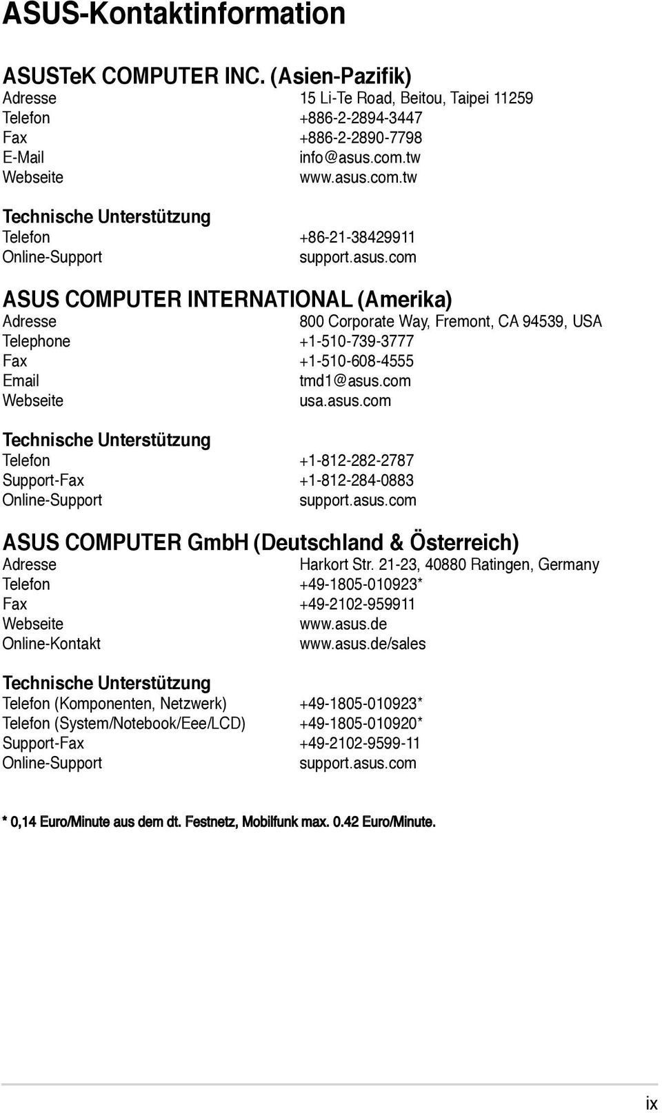 com Webseite usa.asus.com Technische Unterstützung Telefon +1-812-282-2787 Support-Fax +1-812-284-0883 Online-Support support.asus.com ASUS COMPUTER GmbH (Deutschland & Österreich) Adresse Harkort Str.