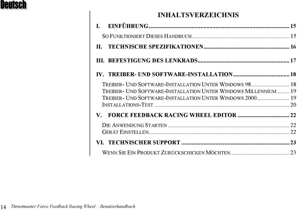 .. 19 TREIBER- UND SOFTWARE-INSTALLATION UNTER WINDOWS 2000... 19 INSTALLATIONS-TEST... 20 V. FORCE FEEDBACK RACING WHEEL EDITOR... 22 DIE ANWENDUNG STARTEN.