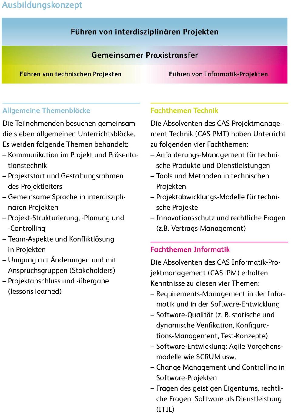 Es werden folgende Themen behandelt: Kommunikation im Projekt und Präsentationstechnik Projektstart und Gestaltungsrahmen des Projektleiters Gemeinsame Sprache in interdisziplinären Projekten