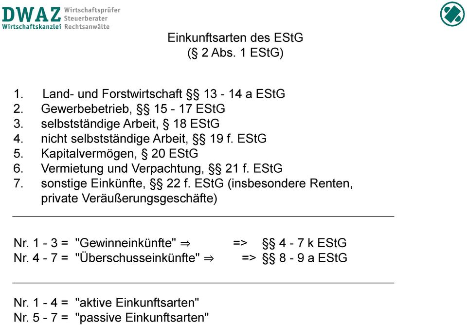 Vermietung und Verpachtung, 21 f. EStG 7. sonstige Einkünfte, 22 f.
