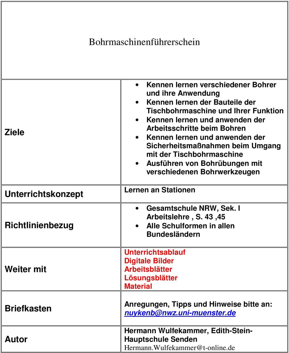 Ausführen von Bohrübungen mit verschiedenen Bohrwerkzeugen Lernen an Stationen Gesamtschule NRW, Sek. I Arbeitslehre, S.