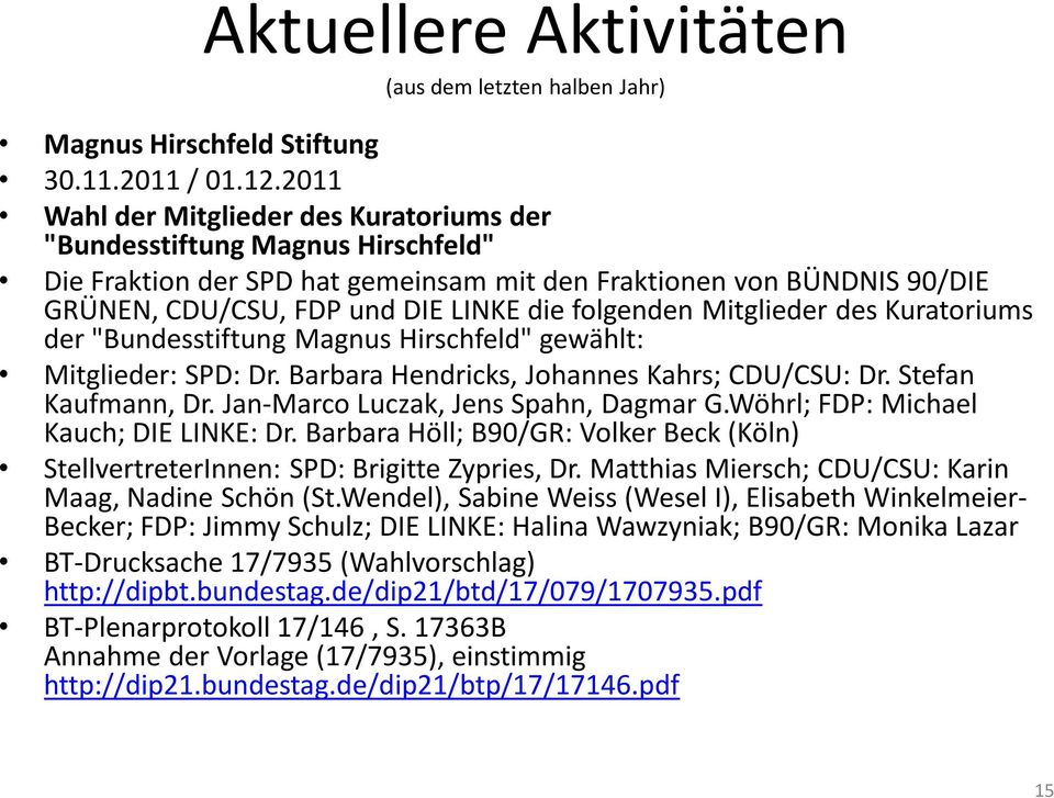 folgenden Mitglieder des Kuratoriums der "Bundesstiftung Magnus Hirschfeld" gewählt: Mitglieder: SPD: Dr. Barbara Hendricks, Johannes Kahrs; CDU/CSU: Dr. Stefan Kaufmann, Dr.