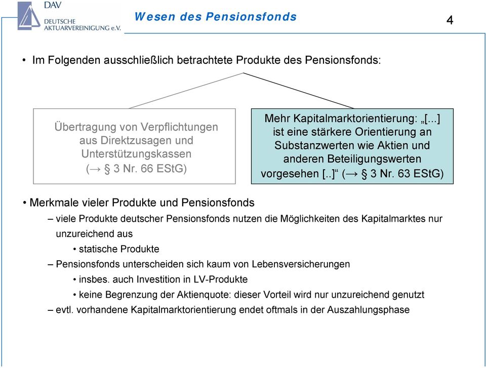 63 EStG) Merkmale vieler Produkte und Pensionsfonds viele Produkte deutscher Pensionsfonds nutzen die Möglichkeiten des Kapitalmarktes nur unzureichend aus statische Produkte Pensionsfonds