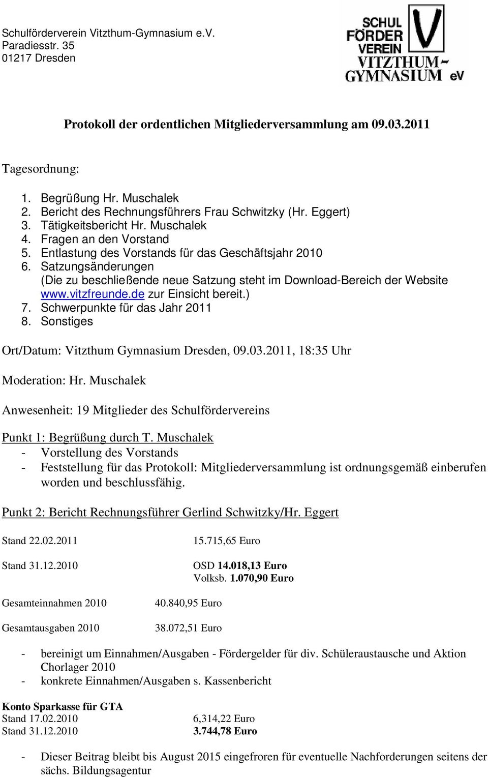 Satzungsänderungen (Die zu beschließende neue Satzung steht im Download-Bereich der Website www.vitzfreunde.de zur Einsicht bereit.) 7. Schwerpunkte für das Jahr 2011 8.