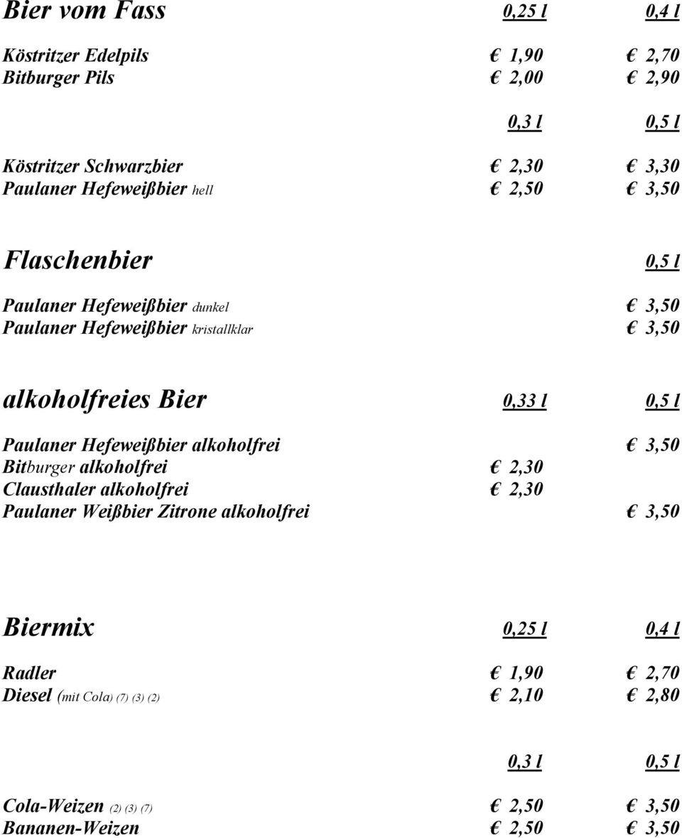 0,33 l 0,5 l Paulaner Hefeweißbier alkoholfrei 3,50 Bitburger alkoholfrei 2,30 Clausthaler alkoholfrei 2,30 Paulaner Weißbier Zitrone