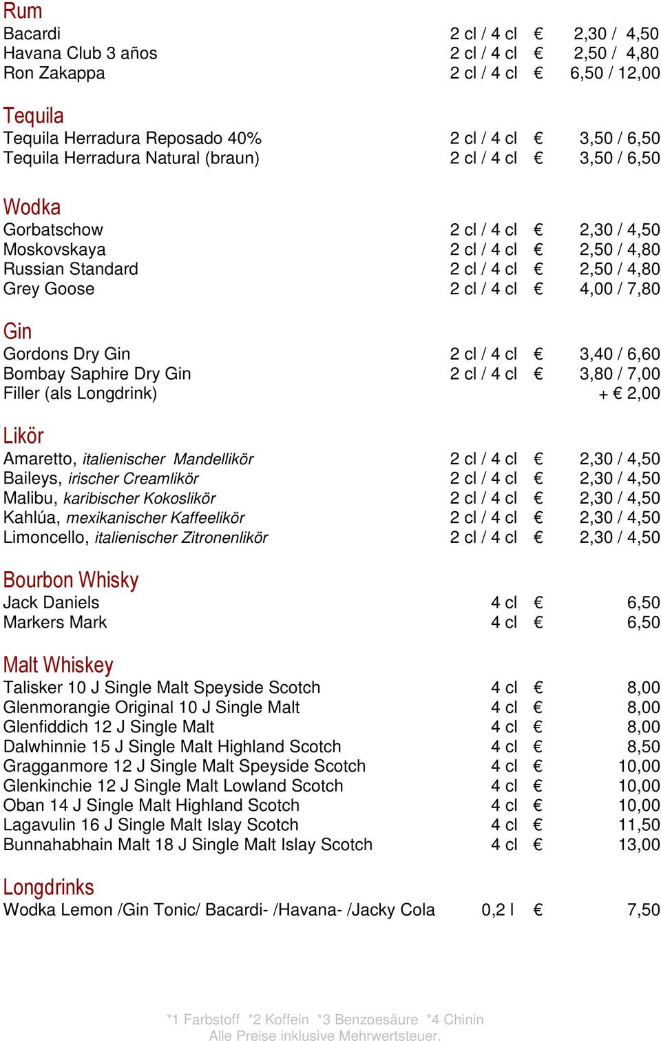 Gordons Dry Gin 2 cl / 4 cl 3,40 / 6,60 Bombay Saphire Dry Gin 2 cl / 4 cl 3,80 / 7,00 Filler (als Longdrink) + 2,00 Likör Amaretto, italienischer Mandellikör 2 cl / 4 cl 2,30 / 4,50 Baileys,