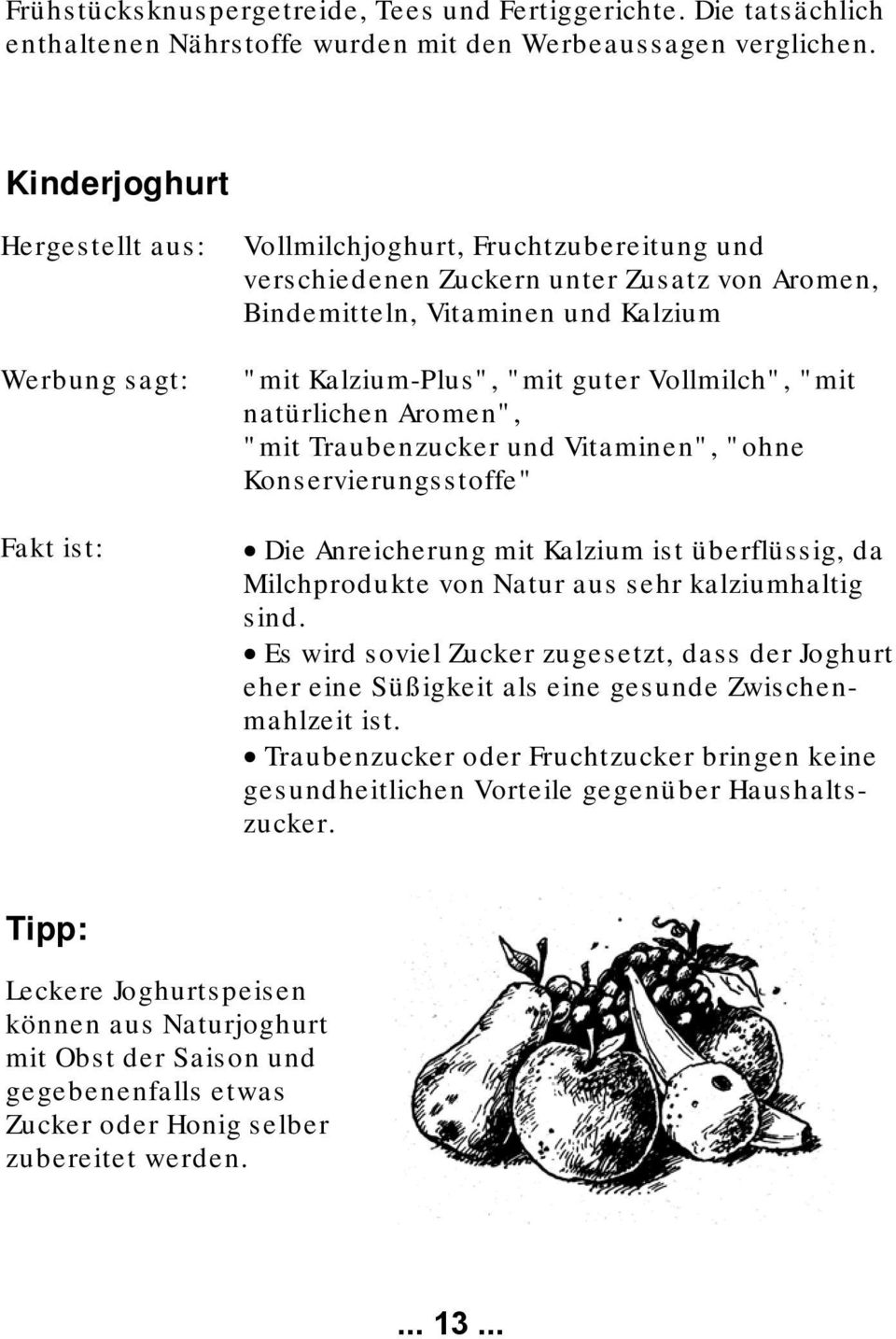 "mit guter Vollmilch", "mit natürlichen Aromen", "mit Traubenzucker und Vitaminen", "ohne Konservierungsstoffe" Die Anreicherung mit Kalzium ist überflüssig, da Milchprodukte von Natur aus sehr