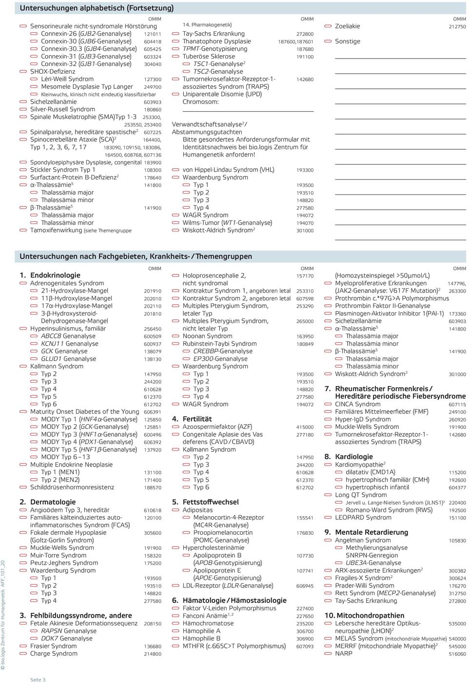 Sichelzellanämie 603903 Silver-Russell Syndrom 180860 Spinale Muskelatrophie (SMA)Typ 1-3 253300, 253550, 253400 Spinalparalyse, hereditäre spastische 2 607225 Spinocerebelläre Ataxie (SCA) 2 164400,