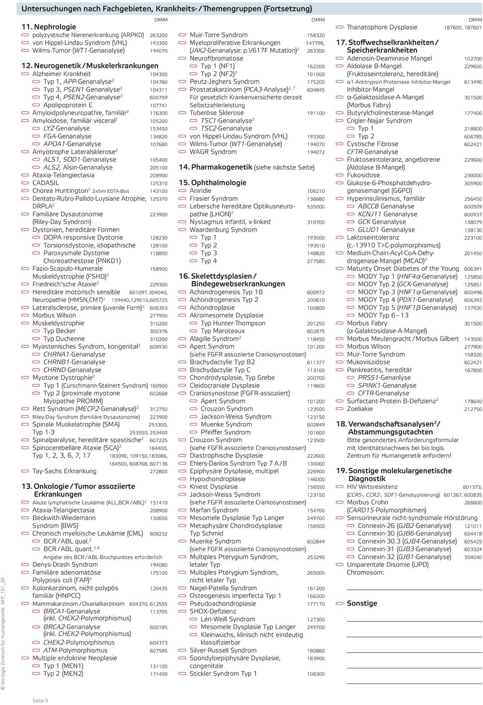 Neurogenetik / Muskelerkrankungen Alzheimer Krankheit 104300 Typ 1, APP-Genanalyse 2 104760 Typ 3, PSEN1-Genanalyse 2 104311 Typ 4, PSEN2-Genanalyse 2 600759 Apolipoprotein E 107741