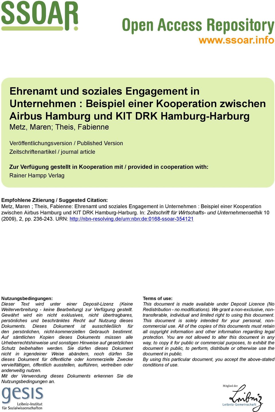 Version Zeitschriftenartikel / journal article Zur Verfügung gestellt in Kooperation mit / provided in cooperation with: Rainer Hampp Verlag Empfohlene Zitierung / Suggested Citation: Metz, Maren ;